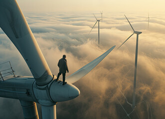Engineer stands on wind turbine at sunset. Wind farm inspection worker. Green energy. - obrazy, fototapety, plakaty
