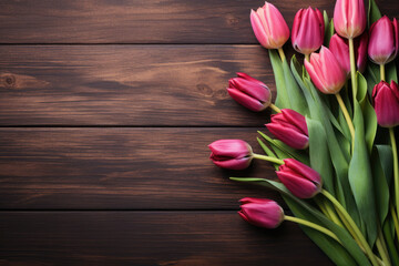 tulips on a wooden table, flat lay, card for Mother's Day or Valentine's Day. Copy space for text