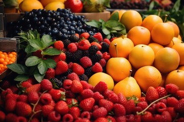 Naklejka na ściany i meble a pile of fruit sitting on top of a pile of oranges, raspberries, and strawberries.