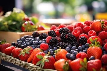  a basket of strawberries, blueberries, and raspberries on display at a farmer's market.