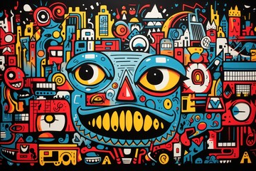  a painting of a blue face surrounded by lots of different types of shapes and sizes of things on a black background.