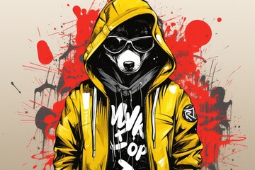  a drawing of a dog wearing a yellow hoodie with a splash of paint on the wall in the background.