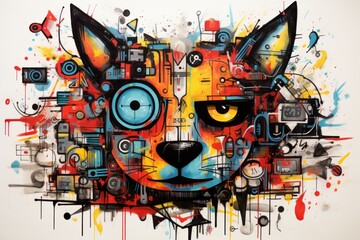  a painting of a dog's face with colorful paint splattered all over it's face and eyes.