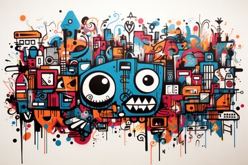  a painting of a blue monster with big eyes and a city in the background with lots of paint splatters.