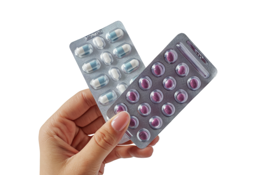 mano sosteniendo dos blister de pastillas de medicamentos, sobre fondo blanco  transparente png