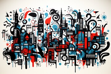  a painting of a city with a lot of buildings and buildings in the middle of the painting is blue, red, black, and white.