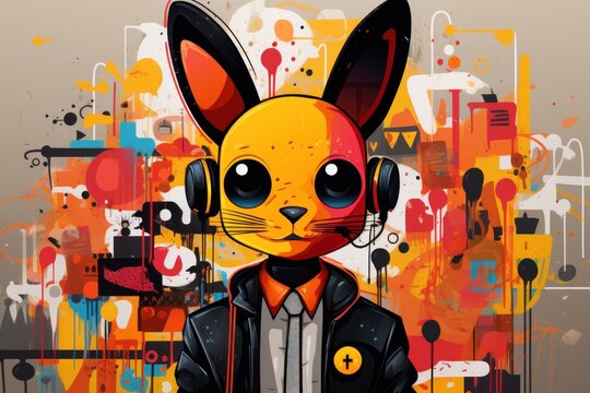  a painting of a rabbit wearing headphones and a black jacket with orange and yellow paint splatters on it.
