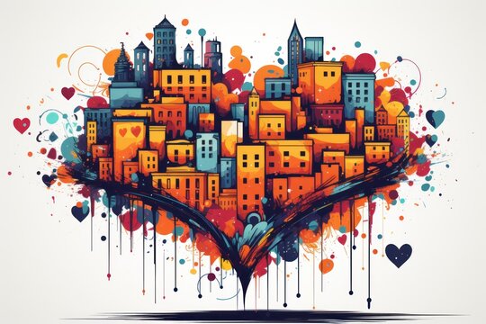  a drawing of a heart shaped city with lots of buildings and buildings painted in orange, blue, red, and black.