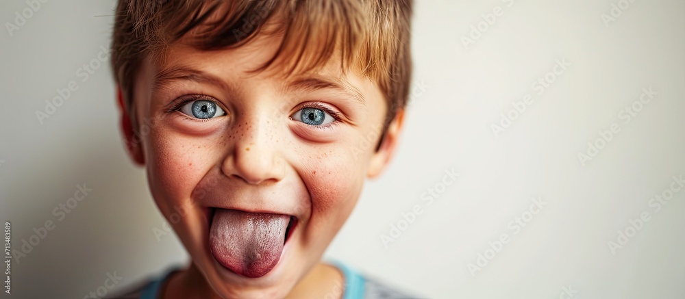 Poster A six year old boy child is being funny and making a bratty face while sticking out his tongue. Copy space image. Place for adding text or design