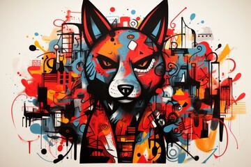  a painting of a red fox with a black nose and a white nose, surrounded by multicolored shapes.