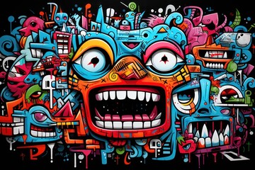  a colorful drawing of a face with lots of different types of objects in the shape of a monster's head.