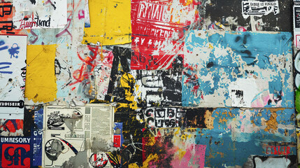 Abstract and ripped vintage collage of aged advertisement street Posters, scratched surface