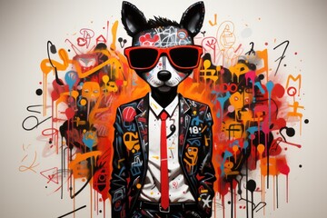  a painting of a dog wearing sunglasses and a suit with a red tie and a white shirt and black pants.