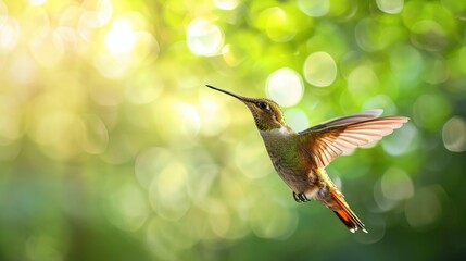 Fototapeta premium Flying hummingbird with green forest in background