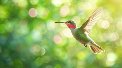 Flying hummingbird with green forest in background