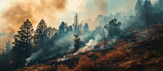 A thick smoke from the burning forest rises into the cloudy sky. Copy space image. Place for adding text or design