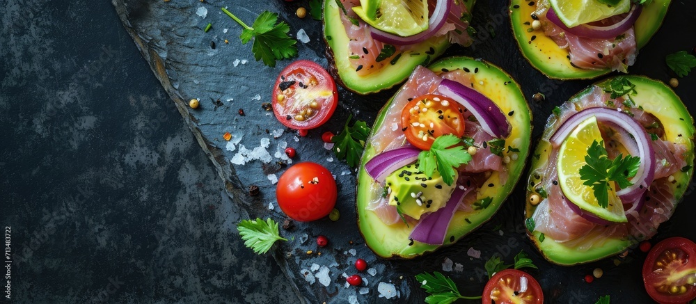 Poster Avocado boats stuffed with tuna red onion and cherry tomatoes. Copy space image. Place for adding text or design