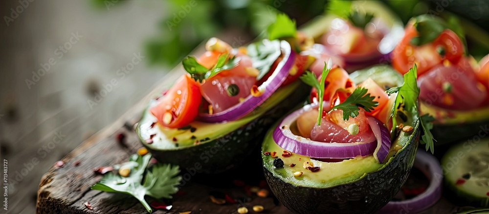 Aufkleber Avocado boats stuffed with tuna red onion and cherry tomatoes. Copy space image. Place for adding text or design