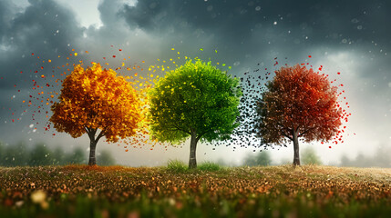 Three colorful trees are in front of a stormy sky