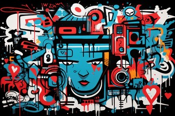  a painting of a woman's face with headphones in front of a black background with red, blue, and white graffiti.