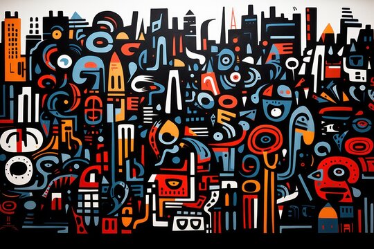  a painting of a cityscape with a lot of different shapes and sizes on the side of the wall.