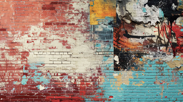 Colorful grunge texture of dirty shabby painted brick wall, paints of bright colors
