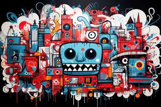  a painting of a blue and red monster in front of a cityscape with lots of graffiti on it.