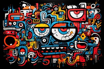  an abstract painting of a face surrounded by many different types of shapes and sizes of objects on a black background.