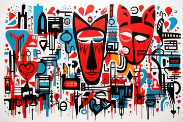  a painting of a group of people's faces on a white background with red, blue, and black shapes.