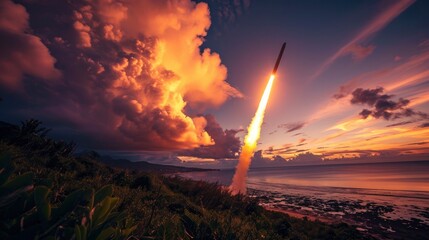 launch of a ballistic missile in the evening sky