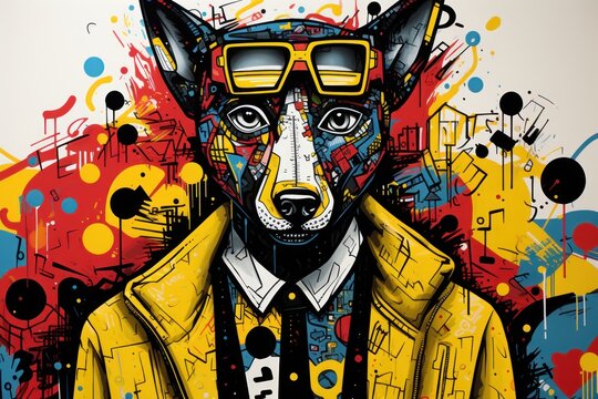 a painting of a dog wearing sunglasses and a yellow jacket with a black and white dog wearing a yellow jacket.