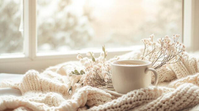 spring still life. A cup of coffee, a white knitted blanket by the window. photo in bright colors, happy Easter