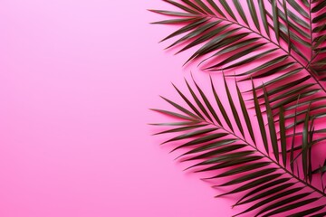  a close up of a palm leaf on a pink background with a place for a text or an image of a palm leaf on a pink background.