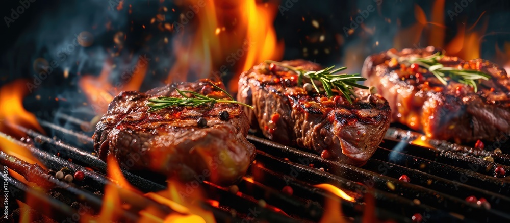 Aufkleber Beef steaks sizzling on the grill with flames. Copy space image. Place for adding text or design