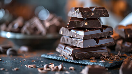chocolate bars, milk chocolate slices, and choco chips on a dark background with copy space, top...