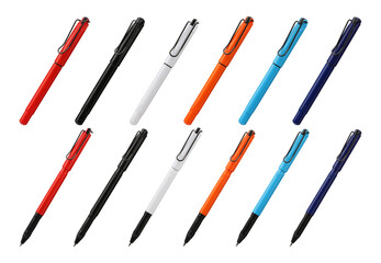 Collection of pen mockup for desk, top view, png isolated background. Similar pens in different...