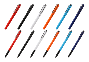 Collection of pen mockup for desk, top view, png isolated background. Similar pens in different colors.