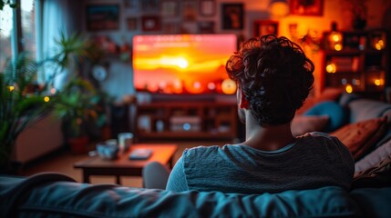 Person relaxing on couch watching sunset on tv in cozy living room