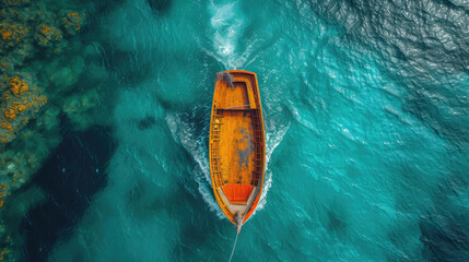 A single orange boat floating on serene turquoise water from an aerial view. - obrazy, fototapety, plakaty