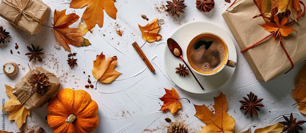 Poster autumn or winter composition cup of coffee gift dried autumn leaves beige sweater on white backgroun