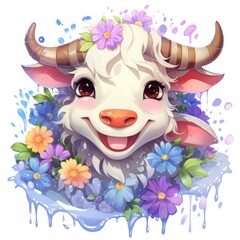 • A whimsical illustration of a happy cow with bright flowers isolated on transparent background