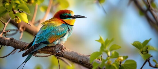 A colorful bird perched on a tree branch in the Danube Delta environment conservation eco. Copy space image. Place for adding text or design