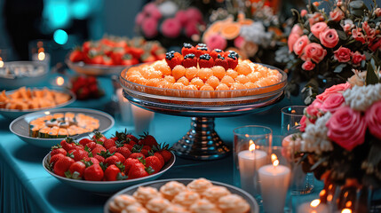 Dessert table with cakes and strawberries at an event. - obrazy, fototapety, plakaty