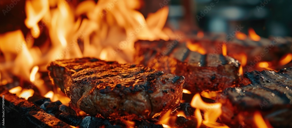 Poster Beef steaks sizzling on the grill with flames. Copy space image. Place for adding text or design