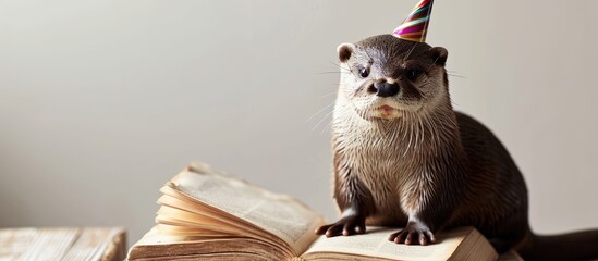 a capybara craft sitting on top of an open book wearing a party hat cute otter handmade soft focus....