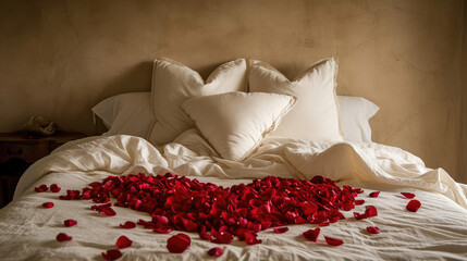 Obraz na płótnie Canvas Bed adorned with heart of rose petals.