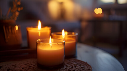 Short candles are burning against a dark background. Lots of small candles. Not all candles are lit. Extinguished 