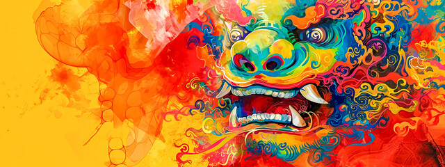 Tibetan inspired dragon mask, blending traditional motifs with a modern, abstract art style on a yellow backdrop.