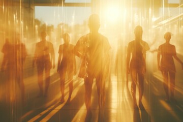  a blurry image of a group of people walking down a street with the sun shining through the window behind them. - obrazy, fototapety, plakaty