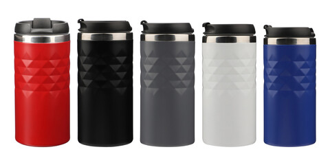 Thermos collection, top view, png isolated background. Thermoses in different colors and similiar...